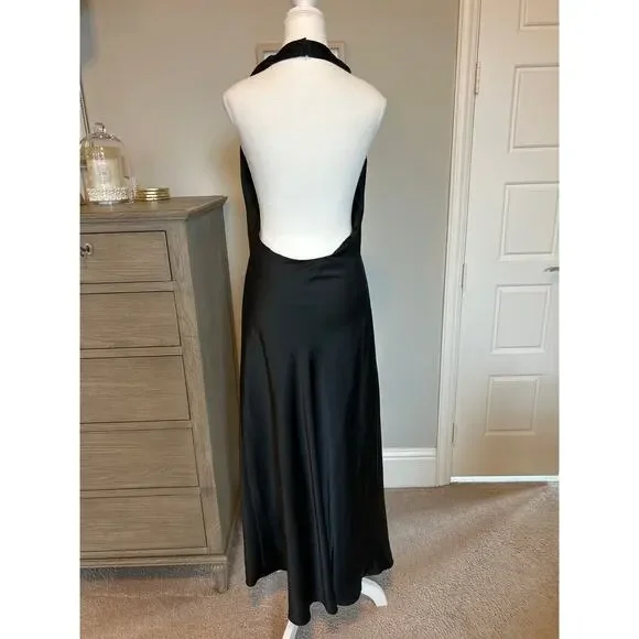 Show Me Your Mumu | Black Midi V Neck Satin Backless Halter Slip Dress | Large - Picture 10 of 16